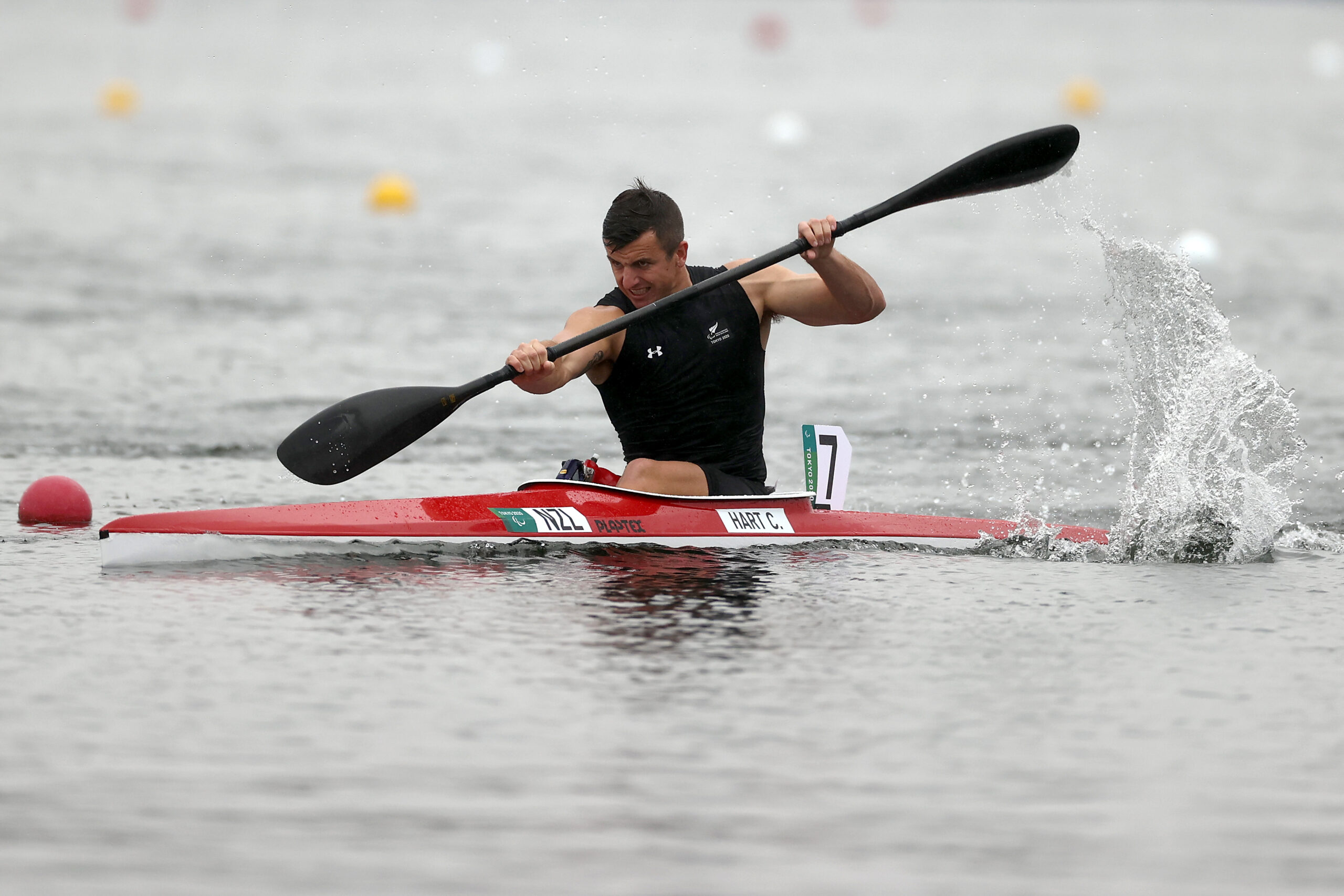 TOKYO, JAPAN - SEPTEMBER 03: Corbin Hart of Team New Zealand competes in the Men's Canoe Sprint Kayak Single 200m - KL3 or MKL3 Semi-Final 2 on day 10 of the Tokyo 2020 Paralympic Games at Sea Forest Waterway on September 02, 2021 in Tokyo, Japan. (Photo by Dean Mouhtaropoulos/Getty Images for New Zealand Paralympic Committee)